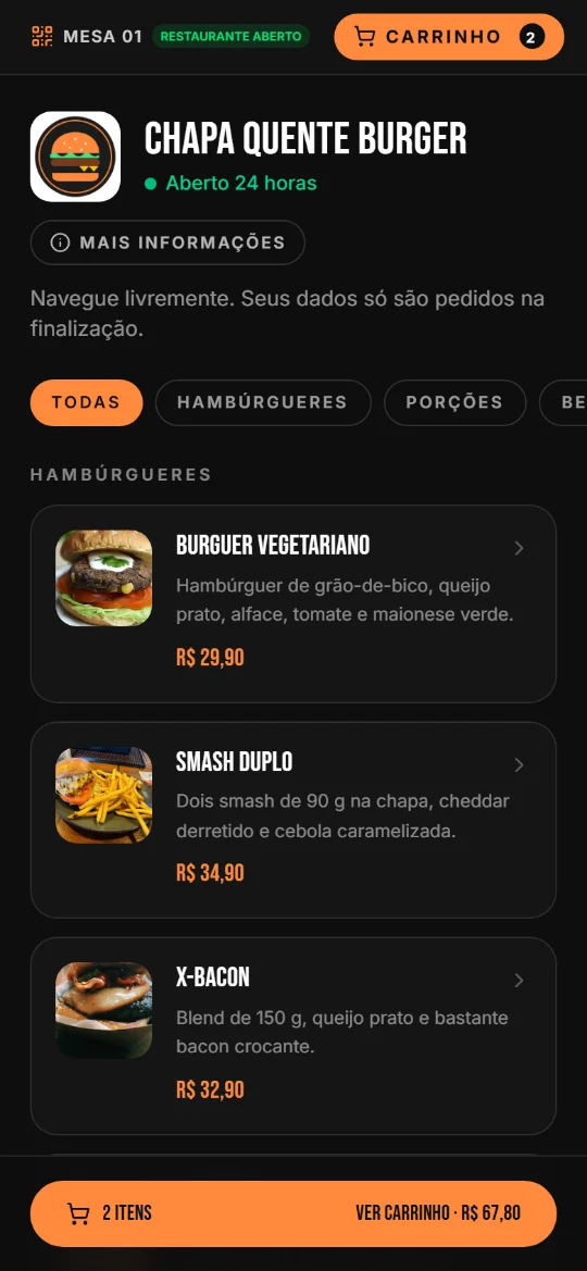 Cardápio da mesa no celular, com o logo, a cor e as fotos do restaurante e a barra fixa com os itens do carrinho