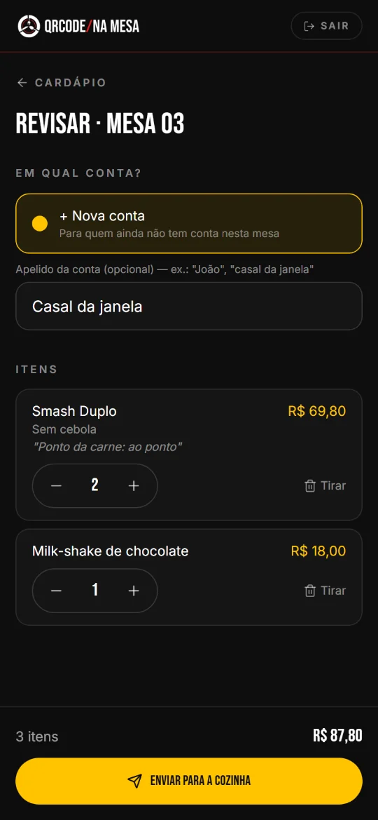Tela do garçom no celular revisando o pedido da mesa 03, com a conta, os itens e o botão Enviar para a cozinha