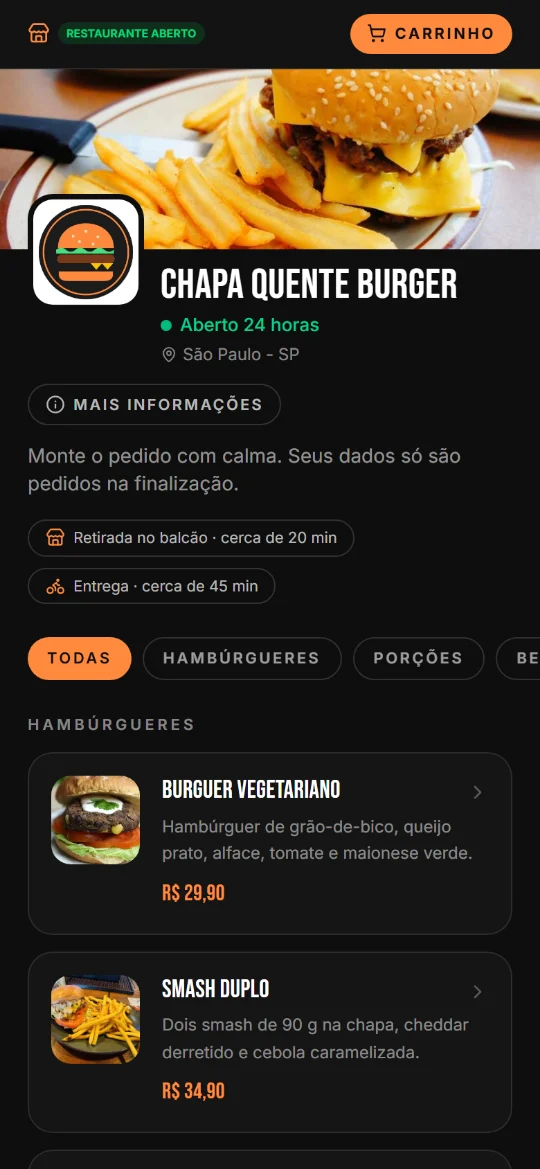 Cardápio do pedido por link no celular, com a capa e o logo do restaurante e as opções Retirada no balcão e Entrega